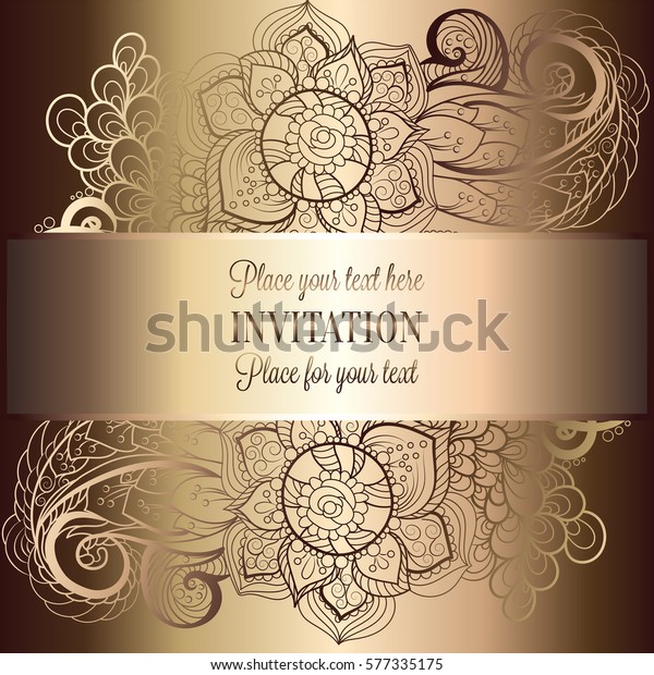 Baroque background with antique, luxury beige\
and metal gold vintage frame, victorian banner, damask floral\
wallpaper ornaments, invitation card, baroque style booklet,\
fashion pattern,\
template.
