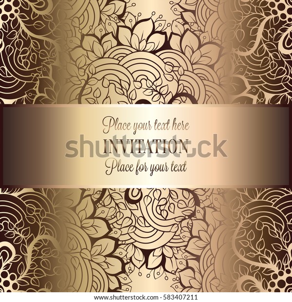 Baroque background with antique, luxury beige\
and metal gold vintage frame, victorian banner, damask intricate\
wallpaper ornaments, invitation card, baroque style booklet, lace\
decoration, textile.
