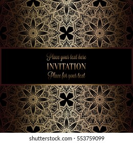 Baroque background with antique, luxury black and gold vintage frame, victorian banner, damask floral wallpaper ornaments, invitation card, baroque style booklet, fashion pattern, template for design.
