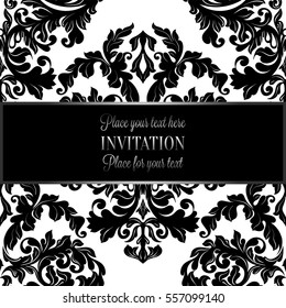 Baroque background with antique, luxury black and white vintage frame, victorian banner, damask floral wallpaper ornaments, invitation card, baroque style booklet, fashion pattern, template for design