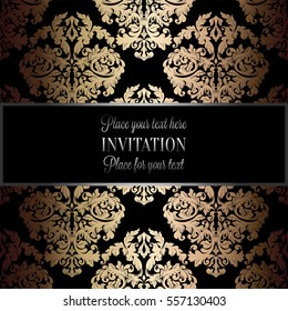 Baroque background with antique, luxury black and gold vintage frame, victorian banner, damask floral wallpaper ornaments, invitation card, baroque style booklet, fashion pattern, template for design.