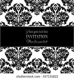 Baroque background with antique, luxury black and white vintage frame, victorian banner, damask floral wallpaper ornaments, invitation card, baroque style booklet, fashion pattern.