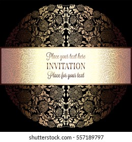 Baroque background with antique, luxury black and gold vintage frame, victorian banner, damask floral wallpaper ornaments, invitation card, baroque style booklet, fashion pattern, template for design.