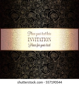 Baroque background with antique, luxury black and gold vintage frame, victorian banner, damask floral wallpaper ornaments, invitation card, baroque style booklet, fashion pattern, template for design.
