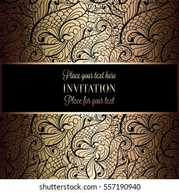 Baroque background with antique, luxury black and gold vintage frame, victorian banner, damask floral wallpaper ornaments, invitation card, baroque style booklet, fashion pattern, template for design.