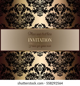 Baroque background with antique, luxury black and gold vintage frame, victorian banner, damask floral wallpaper ornaments, invitation card, baroque style booklet, fashion pattern, template for design.
