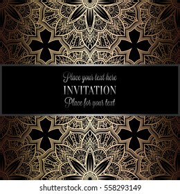 Baroque background with antique, luxury black and gold vintage frame, victorian banner, damask floral wallpaper ornaments, invitation card, baroque style booklet, fashion pattern, template for design.