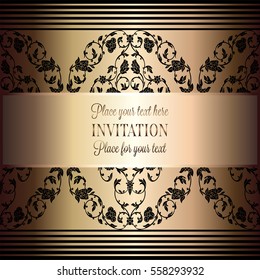 Baroque background with antique, luxury black and gold vintage frame, victorian banner, damask floral wallpaper ornaments, invitation card, baroque style booklet, fashion pattern, template for design.