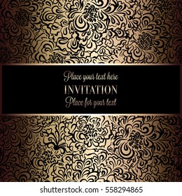 Baroque background with antique, luxury black and gold vintage frame, victorian banner, damask floral wallpaper ornaments, invitation card, baroque style booklet, fashion pattern, template for design.