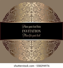 Baroque background with antique, luxury black and gold vintage frame, victorian banner, damask floral wallpaper ornaments, invitation card, baroque style booklet, fashion pattern, template for design.