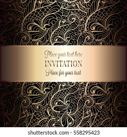 Baroque background with antique, luxury black and gold vintage frame, victorian banner, damask floral wallpaper ornaments, invitation card, baroque style booklet, fashion pattern, template for design.
