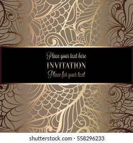 Baroque background with antique, luxury black and gold vintage frame, victorian banner, damask floral wallpaper ornaments, invitation card, baroque style booklet, fashion pattern, template for design.