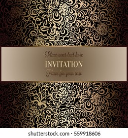 Baroque background with antique, luxury black and gold vintage frame, victorian banner, damask floral wallpaper ornaments, invitation card, baroque style booklet, fashion pattern, template for design.