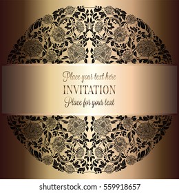 Baroque background with antique, luxury black and gold vintage frame, victorian banner, damask floral wallpaper ornaments, invitation card, baroque style booklet, fashion pattern, template for design.