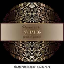 Baroque background with antique, luxury black and gold vintage frame, victorian banner, damask floral wallpaper ornaments, invitation card, baroque style booklet, fashion pattern, template for design.