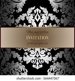 Baroque background with antique, luxury black, silver and gold vintage frame, victorian banner, damask floral wallpaper ornaments, invitation card, baroque style booklet, fashion pattern.