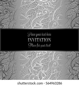 Baroque background with antique, luxury black and silver vintage frame, victorian banner, damask floral wallpaper ornaments, invitation card, baroque style booklet, fashion pattern,template for design
