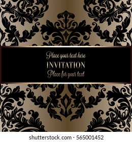 Baroque background with antique, luxury black and gold vintage frame, victorian banner, damask floral wallpaper ornaments, invitation card, baroque style booklet, fashion pattern, template for design.