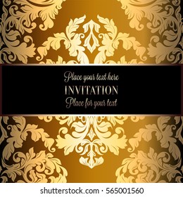 Baroque background with antique, luxury black and gold vintage frame, victorian banner, damask floral wallpaper ornaments, invitation card, baroque style booklet, fashion pattern, template for design.