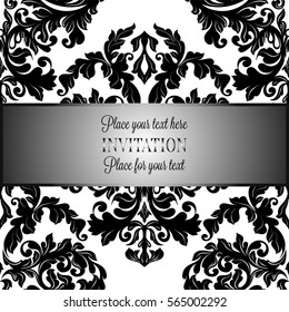 Baroque background with antique, luxury black and white vintage frame, victorian banner, damask floral wallpaper ornaments, invitation card, baroque style booklet, fashion pattern, template for design