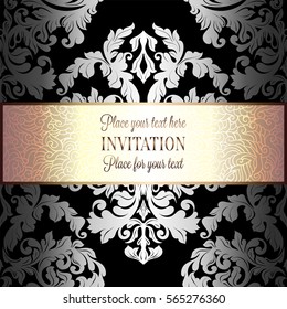 Baroque background with antique, luxury black, silver and gold vintage frame, victorian banner, damask floral wallpaper ornaments, invitation card, baroque style booklet, fashion pattern.