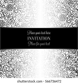 Baroque background with antique, luxury black and silver vintage frame, victorian banner, damask floral wallpaper ornaments, invitation card, baroque style booklet, fashion pattern,template for design
