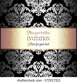 Baroque background with antique, luxury black, silver and gold vintage frame, victorian banner, damask floral wallpaper ornaments, invitation card, baroque style booklet, fashion pattern.