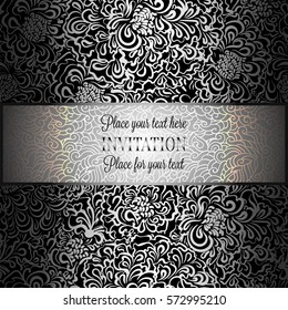 Baroque background with antique, luxury black and silver vintage frame, victorian banner, damask floral wallpaper ornaments, invitation card, baroque style booklet, fashion pattern,template for design
