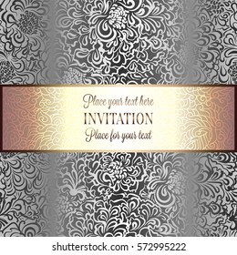 Baroque background with antique, luxury black and silver vintage frame, victorian banner, damask floral wallpaper ornaments, invitation card, baroque style booklet, fashion pattern,template for design