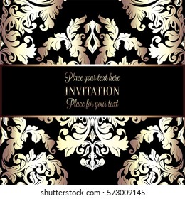 Baroque background with antique, luxury black and gold vintage frame, victorian banner, damask floral wallpaper ornaments, invitation card, baroque style booklet, fashion pattern, template for design.
