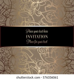 Baroque background with antique, luxury black and gold vintage frame, victorian banner, damask floral wallpaper ornaments, invitation card, baroque style booklet, fashion pattern, template for design.