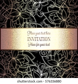 Baroque background with antique, luxury black and gold vintage frame, victorian banner, damask floral wallpaper ornaments, invitation card, baroque style booklet, fashion pattern, template for design.