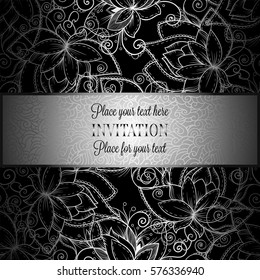 Baroque background with antique, luxury black and metal silver vintage frame, victorian banner, damask floral wallpaper ornaments, invitation card, baroque style booklet, fashion pattern