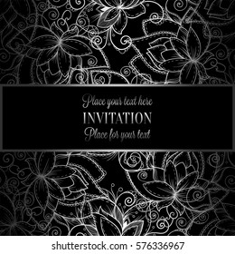Baroque background with antique, luxury black and metal silver vintage frame, victorian banner, damask floral wallpaper ornaments, invitation card, baroque style booklet, fashion pattern