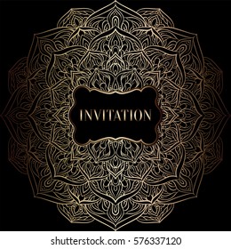Baroque background with antique, luxury black and gold vintage frame, victorian banner, damask floral wallpaper ornaments, invitation card, baroque style booklet, fashion pattern, template for design.