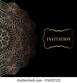 Baroque background with antique, luxury black and gold vintage frame, victorian banner, damask floral wallpaper ornaments, invitation card, baroque style booklet, fashion pattern, template for design.
