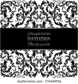 Baroque background with antique, luxury black and metal silver vintage frame, victorian banner, damask floral wallpaper ornaments, invitation card, baroque style booklet, fashion pattern