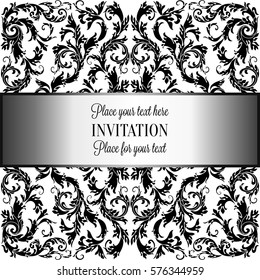 Baroque background with antique, luxury black and metal silver vintage frame, victorian banner, damask floral wallpaper ornaments, invitation card, baroque style booklet, fashion pattern