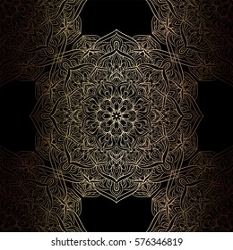 Baroque background with antique, luxury black and gold vintage frame, damask floral wallpaper ornaments, seamless fashion pattern, background.