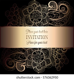 Baroque background with antique, luxury black and metal gold vintage frame, victorian banner, damask floral wallpaper ornaments, invitation card, baroque style booklet, fashion pattern, template.