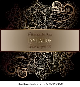 Baroque background with antique, luxury black and metal gold vintage frame, victorian banner, damask floral wallpaper ornaments, invitation card, baroque style booklet, fashion pattern, template.
