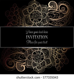 Baroque background with antique, luxury black and metal gold vintage frame, victorian banner, damask floral wallpaper ornaments, invitation card, baroque style booklet, fashion pattern, template.
