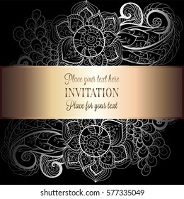Baroque background with antique, luxury black and metal silver vintage frame, victorian banner, damask floral wallpaper ornaments, invitation card, baroque style booklet, fashion pattern, template 