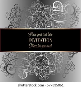 Baroque background with antique, luxury black and metal silver vintage frame, victorian banner, damask floral wallpaper ornaments, invitation card, baroque style booklet, fashion pattern, template