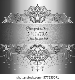Baroque background with antique, luxury black and metal silver vintage frame, victorian banner, eastern mandalas with beads, invitation card, baroque booklet, fashion pattern, template for design.