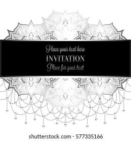 Baroque background with antique, luxury black and metal silver vintage frame, victorian banner, eastern mandalas with beads, invitation card, baroque booklet, fashion pattern, template for design.