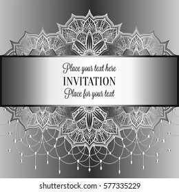 Baroque background with antique, luxury black and metal silver vintage frame, victorian banner, eastern mandalas with beads, invitation card, baroque booklet, fashion pattern, template for design.