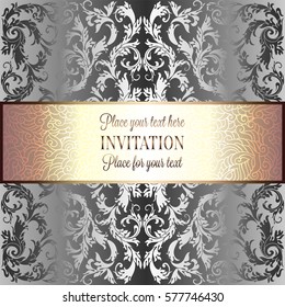 Baroque background with antique, luxury black and metal silver vintage frame, victorian banner, damask floral wallpaper ornaments, invitation card, baroque style booklet, fashion pattern, template