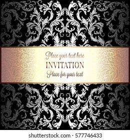 Baroque background with antique, luxury black and metal silver vintage frame, victorian banner, damask floral wallpaper ornaments, invitation card, baroque style booklet, fashion pattern, template 