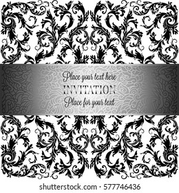 Baroque background with antique, luxury black and metal silver vintage frame, victorian banner, damask floral wallpaper ornaments, invitation card, baroque style booklet, fashion pattern, template